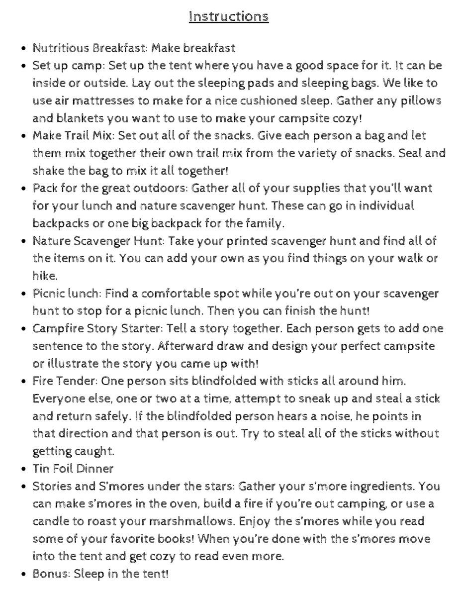 Family Fun Day Camp, Camping theme — instructions